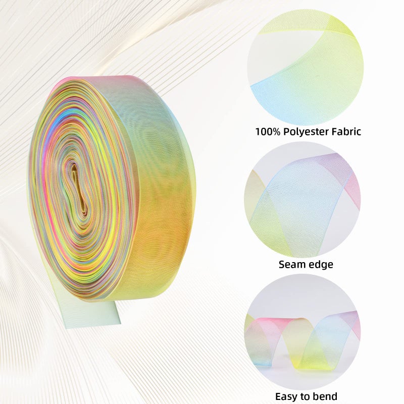 MOLSHINE 50yd Sheer Organza Ribbon, Premium Quality Shimmer Ribbons, Chiffon Band - Rainbow Seven Colors(Light Rainbow) (1" (25mm)) - Image 4